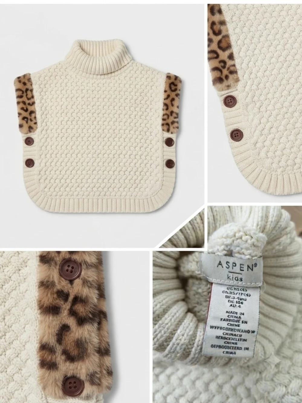 Cream Knit Poncho with Leopard Trim